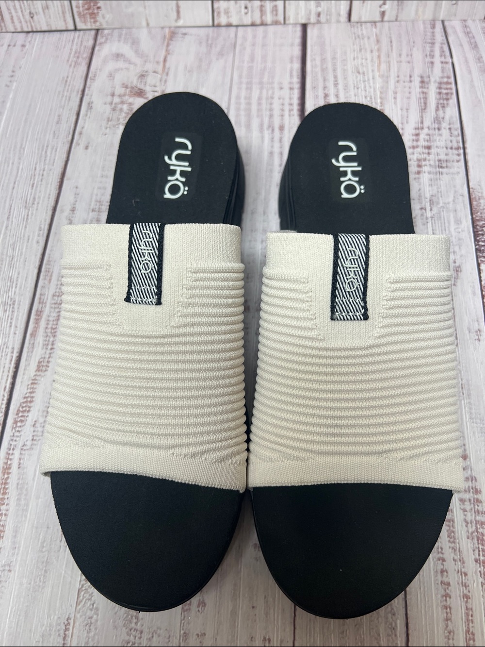 Ryka Cream and Black Slip-On Ribbed Mules